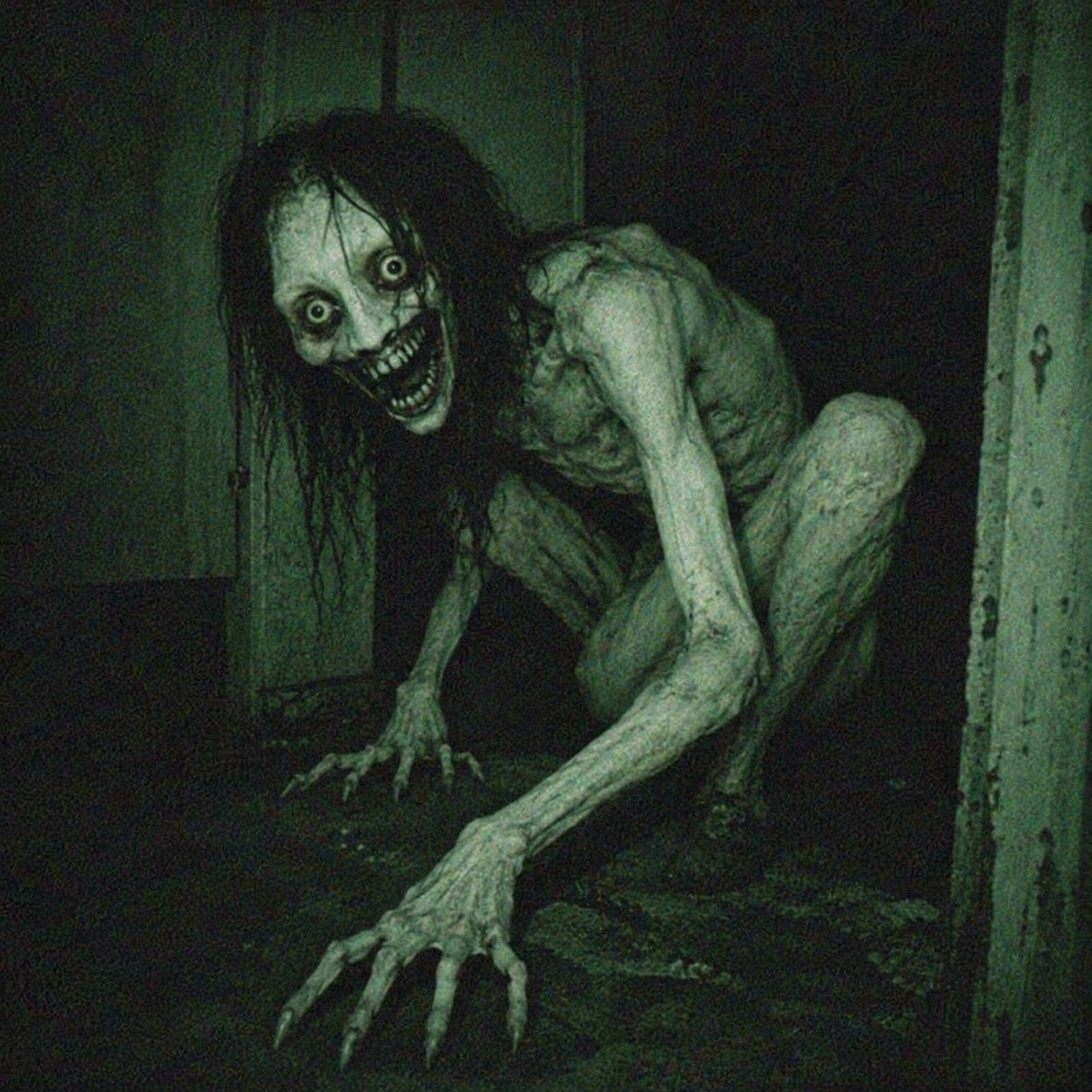 A pale, wide-eyed creature with an impossible grin crawling out of a dark doorway.